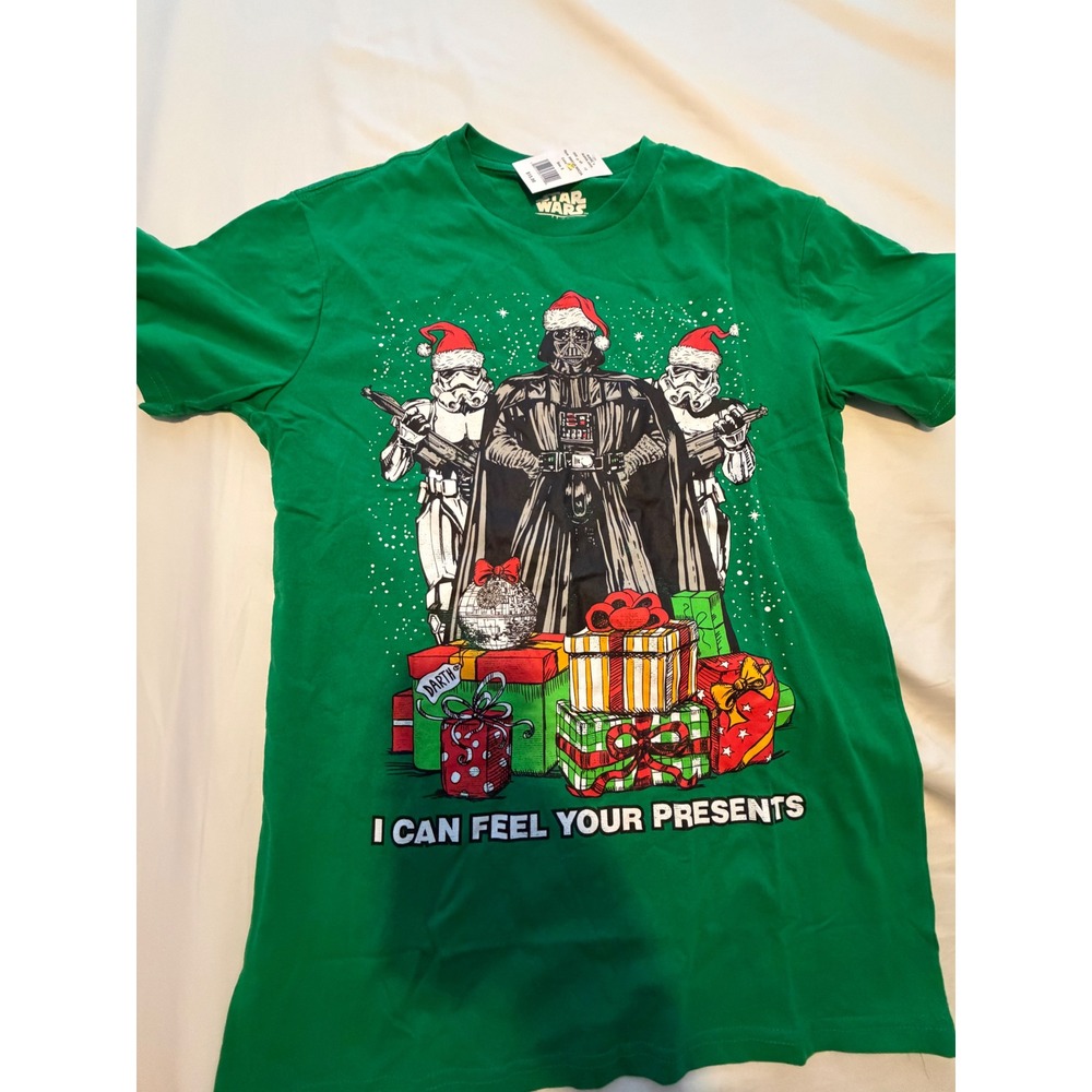 Star Wars Mens Christmas T-Shirt Darth Vader Feel Your Presents Green Small